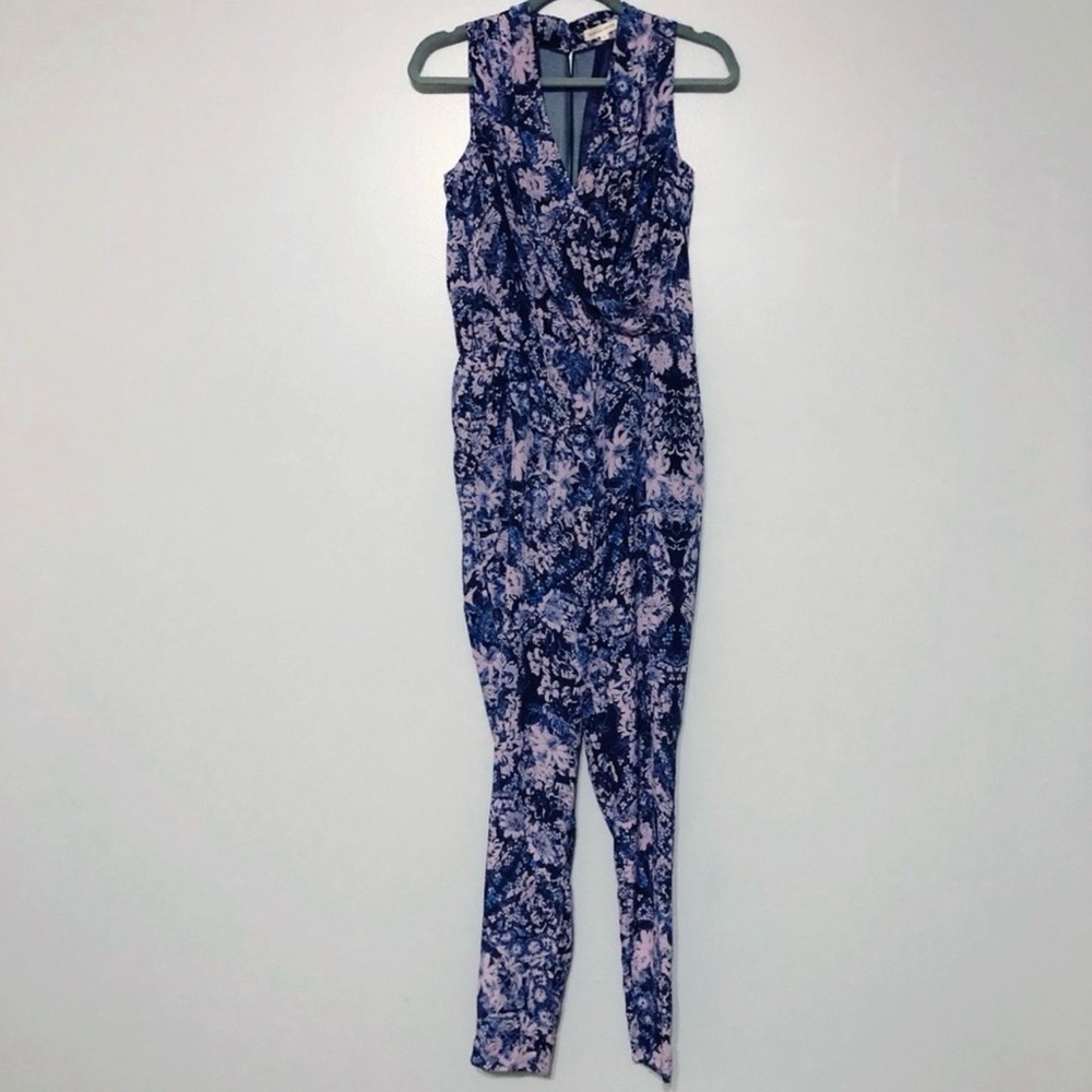 Rebecca‎ Taylor Kiku Silk V-Neck Floral Print Jumpsuit Size 0 Straight Pleated